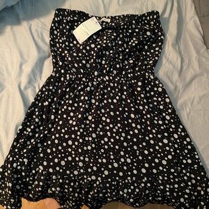 Mini strapless navy and white polka dot dress
